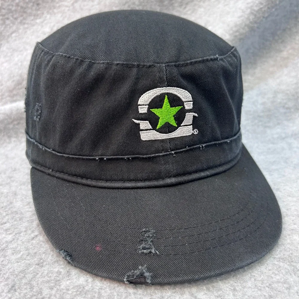 BurgerFi Green Star Logo Unisex Black Hat Distressed Cadet Military Cap OSFM